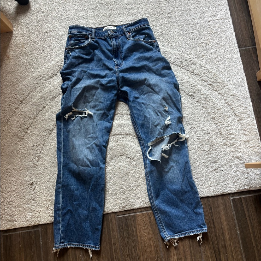 Abercrombie dark blue distressed curve love high rise straight leg jeans